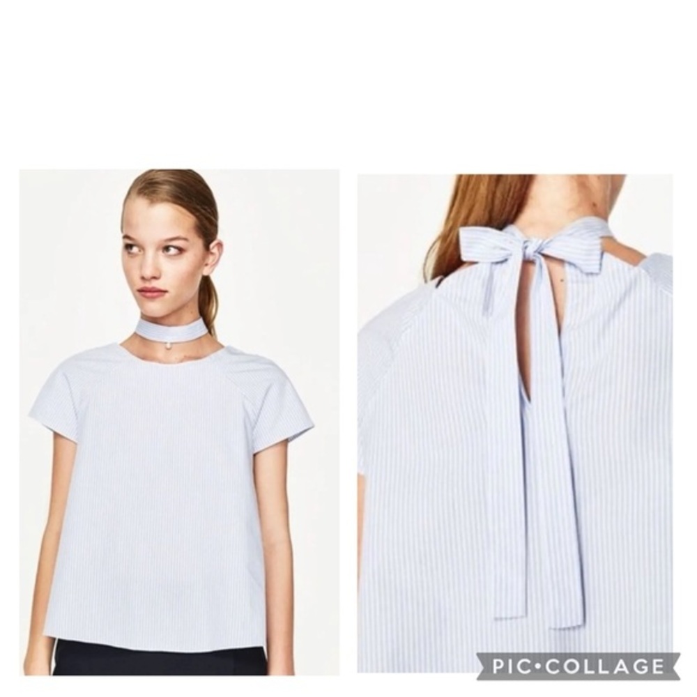 Zara Striped Pearl Chocker Short Sleeve Blouse Sz Small
